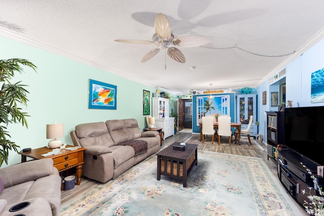 1501 NE 13th Ter Unit H-9, Jensen Beach, FL 34957 - living area with crown molding, a textured ceiling, a ceiling fan, and wood finished floors