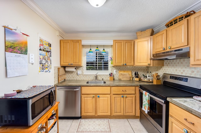 1501 NE 13th Ter Unit H-9, Jensen Beach, FL 34957 - kitchen featuring appliances with stainless steel finishes, a sink, backsplash, under cabinet range hood, and ornamental molding