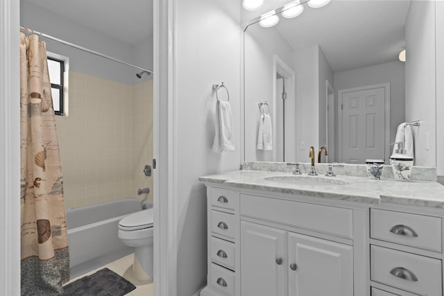 full bathroom with vanity, toilet, tile patterned flooring, and shower / tub combo with curtain