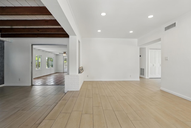 1225 15th Ave N, Lake Worth Beach, FL 33460 - empty room with baseboards, a ceiling fan, beamed ceiling, wood finished floors, and recessed lighting