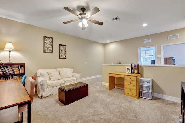 office area with ceiling fan, light colored carpet, baseboards, and recessed lighting