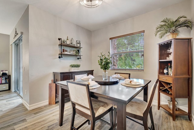 dining room with light wood finished floors and baseboards