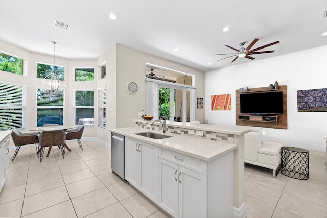 8673 Carmel Mountain Way, Boynton Beach, FL 33473 - kitchen with dishwasher, a sink, light tile patterned floors, ceiling fan, and recessed lighting