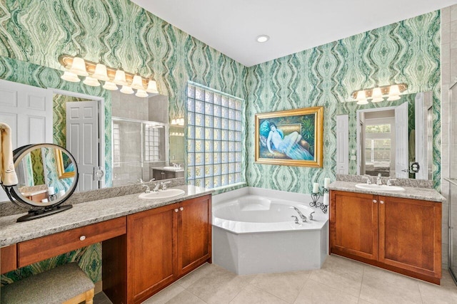 8673 Carmel Mountain Way, Boynton Beach, FL 33473 - full bathroom with wallpapered walls, a shower stall, a garden tub, two vanities, and plenty of natural light