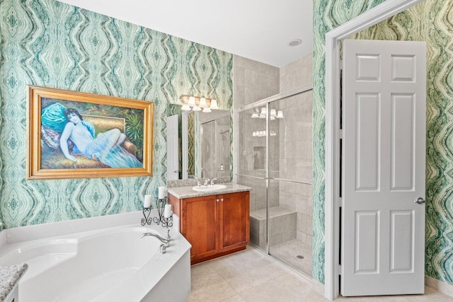 8673 Carmel Mountain Way, Boynton Beach, FL 33473 - full bath featuring wallpapered walls, vanity, a bath, a shower stall, and tile patterned flooring
