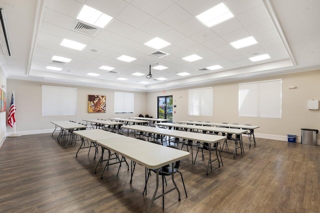 8673 Carmel Mountain Way, Boynton Beach, FL 33473 - dining room with a tray ceiling, dark wood-style floors, baseboards, and a drop ceiling