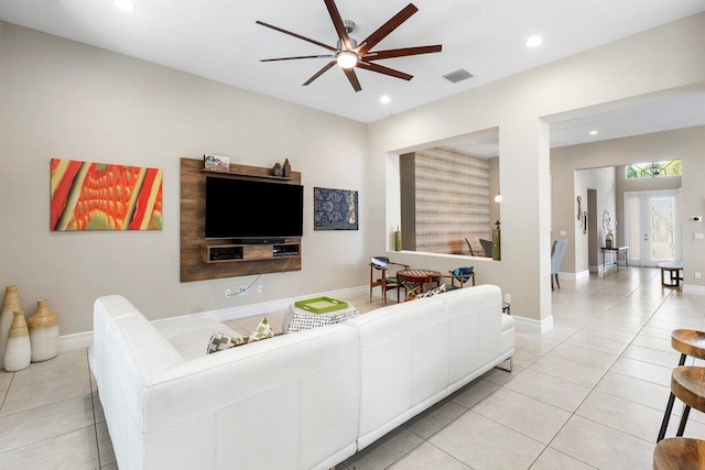 8673 Carmel Mountain Way, Boynton Beach, FL 33473 - living room featuring a ceiling fan, recessed lighting, light tile patterned floors, and baseboards