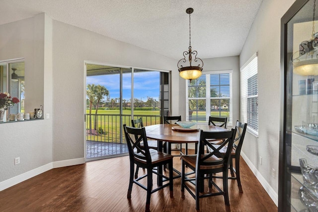 dining space featuring baseboards, a textured ceiling, wood finished floors, a textured wall, and view of golf course