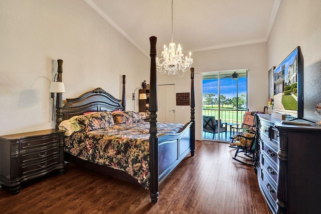 bedroom with access to exterior, a chandelier, dark wood finished floors, and ornamental molding