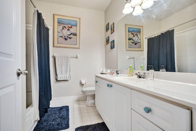 bathroom featuring tile patterned flooring, vanity, toilet, a chandelier, and shower / bathtub combination with curtain