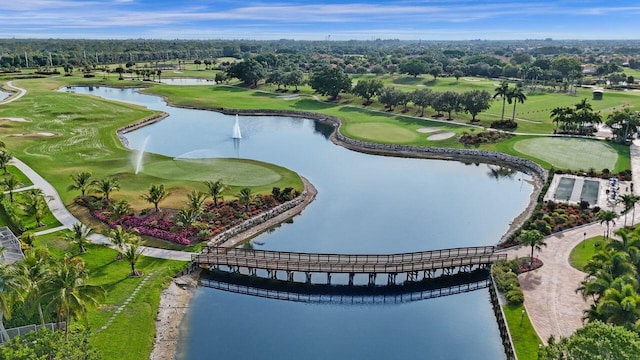 bird's eye view of a local golf course, a large body of water, and a tree filled landscape