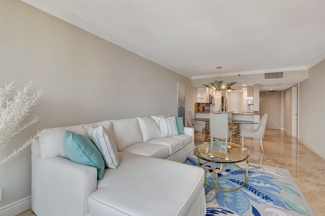 2707 N Ocean Blvd Unit D506, Boca Raton, FL 33431 - living room with crown molding, baseboards, visible vents, and marble finish floor