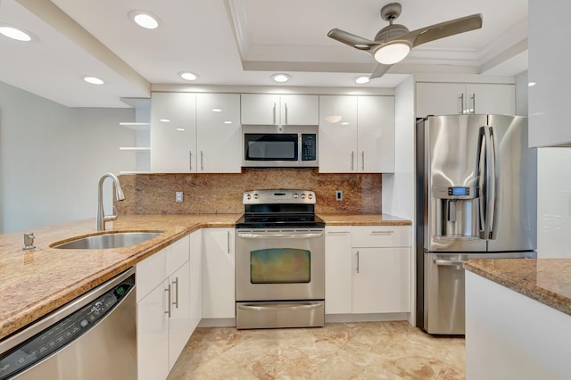 2707 N Ocean Blvd Unit D506, Boca Raton, FL 33431 - kitchen featuring white cabinetry, open shelves, appliances with stainless steel finishes, and a sink