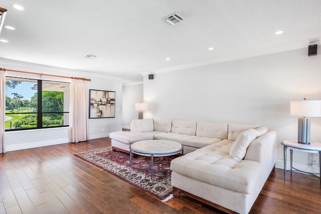 3980 Quail Ridge Dr Egret, Unit Egret, Boynton Beach, FL 33436 - living area with a textured ceiling, visible vents, wood finished floors, baseboards, and ornamental molding