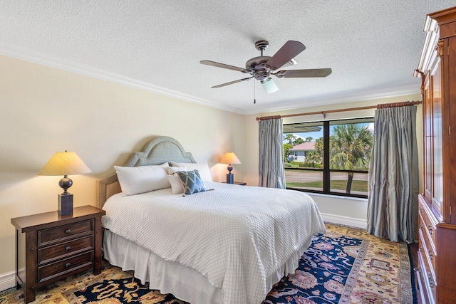 3980 Quail Ridge Dr Egret, Unit Egret, Boynton Beach, FL 33436 - bedroom with baseboards, ornamental molding, a ceiling fan, and a textured ceiling