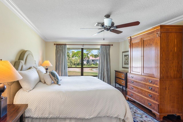 3980 Quail Ridge Dr Egret, Unit Egret, Boynton Beach, FL 33436 - bedroom featuring crown molding, wood finished floors, ceiling fan, access to outside, and a textured ceiling