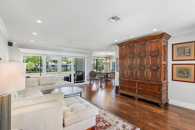 3980 Quail Ridge Dr Egret, Unit Egret, Boynton Beach, FL 33436 - living area with french doors, dark wood-style flooring, visible vents, crown molding, and recessed lighting