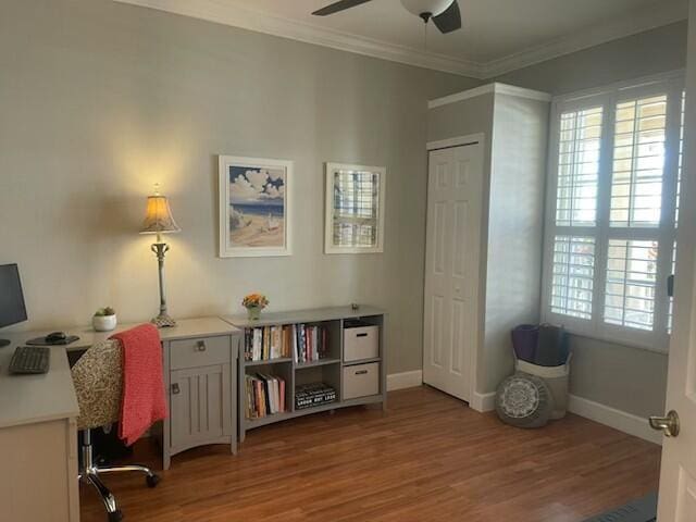 212 NW Pleasant Grove Way, Port Saint Lucie, FL 34986 - office space with a ceiling fan, wood finished floors, healthy amount of natural light, and ornamental molding