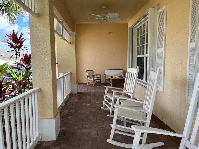 balcony with a ceiling fan