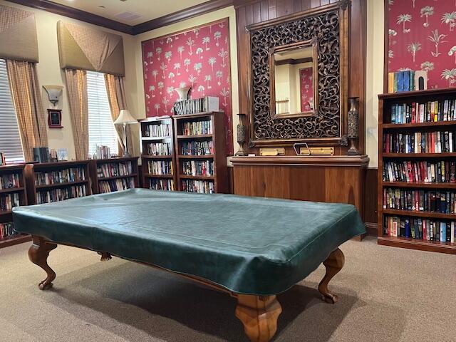 playroom with carpet floors, pool table, ornamental molding, and wallpapered walls