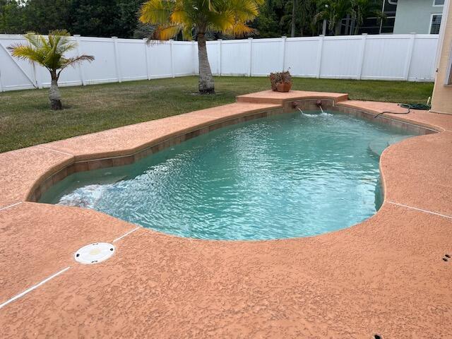 view of pool featuring a fenced in pool, a fenced backyard, and a lawn