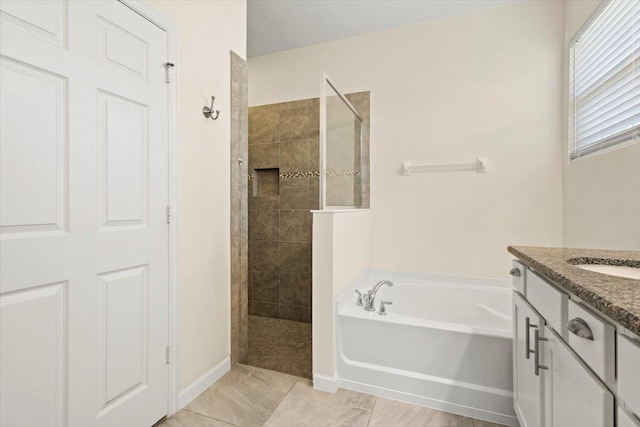 12133 SW Aventino Dr, Port Saint Lucie, FL 34987 - bathroom featuring walk in shower, a bath, and vanity