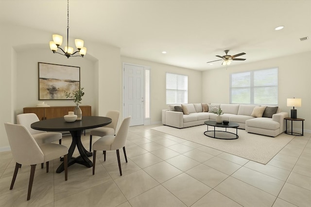 12133 SW Aventino Dr, Port Saint Lucie, FL 34987 - living area with a chandelier, a ceiling fan, baseboards, recessed lighting, and light tile patterned floors