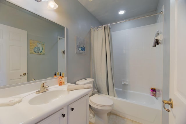 bathroom with toilet, tile patterned floors, shower / bath combination with curtain, and vanity