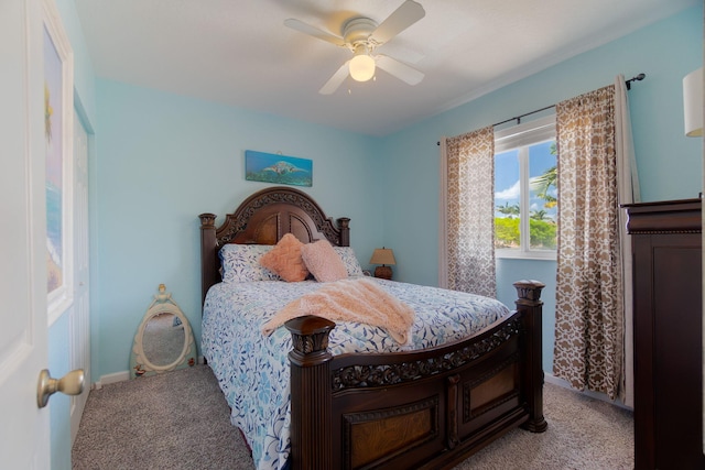 bedroom featuring carpet flooring, baseboards, and ceiling fan
