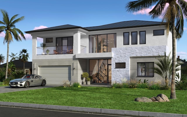modern home featuring a front lawn, a balcony, stone siding, stucco siding, and driveway