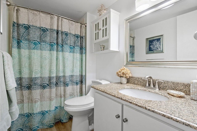 bathroom with vanity, toilet, wood finished floors, and a shower with shower curtain