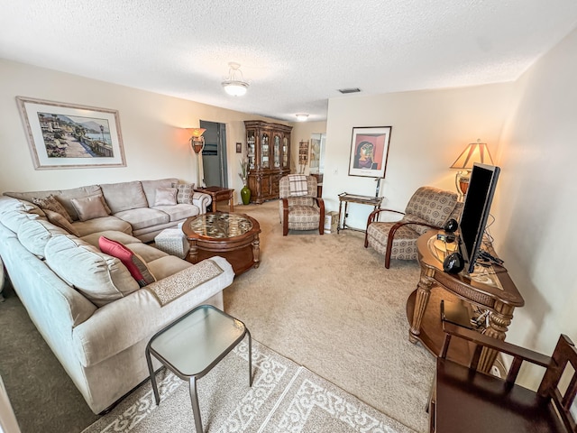 carpeted living room with a textured ceiling