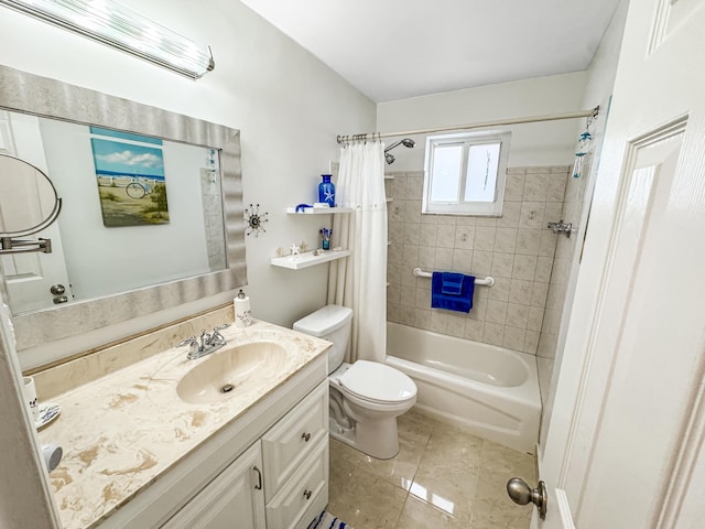bathroom featuring toilet, shower / bath combination with curtain, tile patterned flooring, and vanity