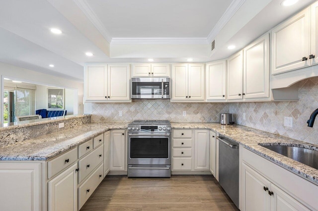 kitchen featuring crown molding, light stone countertops, appliances with stainless steel finishes, a sink, and tasteful backsplash