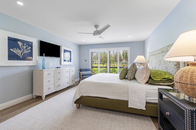 bedroom featuring recessed lighting, baseboards, ceiling fan, and wood finished floors