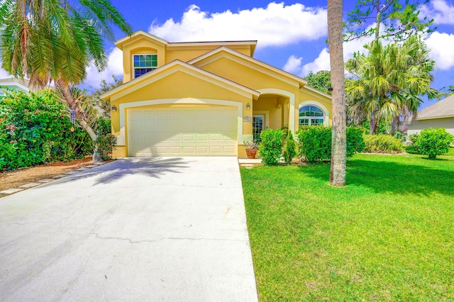 9681 Pine Trail Ct, Lake Worth, FL 33467 - mediterranean / spanish-style home with stucco siding, a front lawn, concrete driveway, and a garage