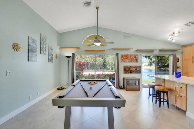 9681 Pine Trail Ct, Lake Worth, FL 33467 - game room featuring vaulted ceiling, billiards table, and a ceiling fan