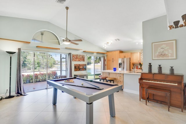 9681 Pine Trail Ct, Lake Worth, FL 33467 - rec room featuring vaulted ceiling, a ceiling fan, billiards table, and light tile patterned floors