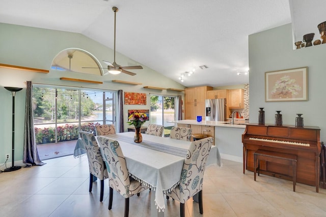 9681 Pine Trail Ct, Lake Worth, FL 33467 - dining room featuring light tile patterned floors, a ceiling fan, and high vaulted ceiling