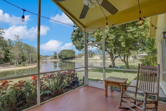 9681 Pine Trail Ct, Lake Worth, FL 33467 - unfurnished sunroom with a water view and ceiling fan