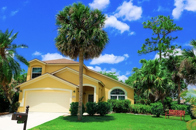 9681 Pine Trail Ct, Lake Worth, FL 33467 - mediterranean / spanish-style home with stucco siding, a front yard, driveway, and a garage