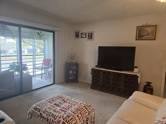 carpeted living area with baseboards and a textured ceiling