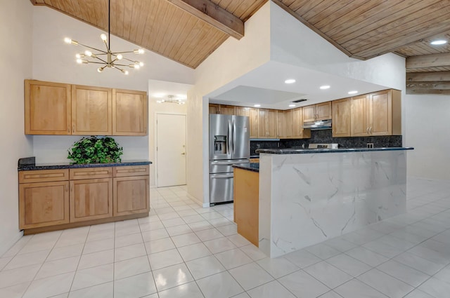 21065 Escondido Way, Boca Raton, FL 33433 - kitchen featuring stainless steel refrigerator with ice dispenser, wooden ceiling with exposed beams, under cabinet range hood, decorative backsplash, and dark stone countertops