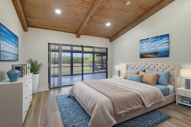 21065 Escondido Way, Boca Raton, FL 33433 - bedroom with wood ceiling, access to exterior, light wood-type flooring, recessed lighting, and baseboards
