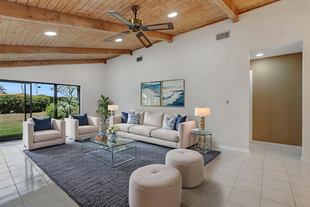 21065 Escondido Way, Boca Raton, FL 33433 - living area with wood ceiling, recessed lighting, tile patterned floors, ceiling fan, and baseboards