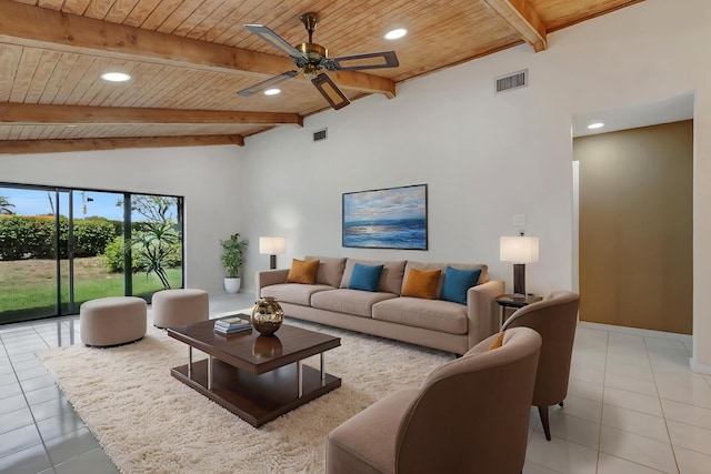 21065 Escondido Way, Boca Raton, FL 33433 - living room featuring wooden ceiling with exposed beams, recessed lighting, a ceiling fan, and light tile patterned floors