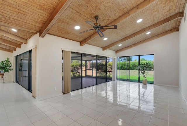 21065 Escondido Way, Boca Raton, FL 33433 - tiled empty room with wood ceiling with exposed beams, baseboards, recessed lighting, healthy amount of natural light, and a ceiling fan