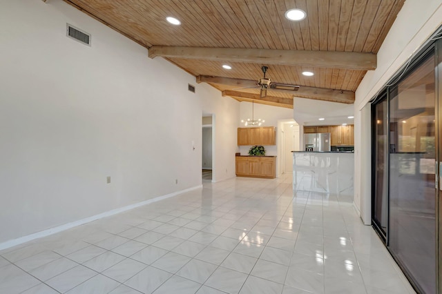 21065 Escondido Way, Boca Raton, FL 33433 - unfurnished living room with wooden ceiling, light tile patterned floors, recessed lighting, baseboards, and a ceiling fan
