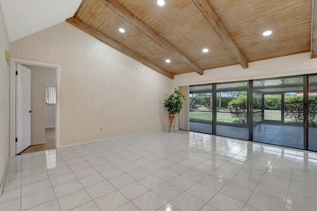 21065 Escondido Way, Boca Raton, FL 33433 - tiled empty room with wooden ceiling with exposed beams, high vaulted ceiling, recessed lighting, and baseboards