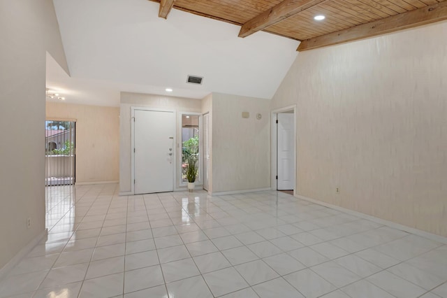 21065 Escondido Way, Boca Raton, FL 33433 - spare room with baseboards, light tile patterned flooring, wood ceiling with exposed beams, high vaulted ceiling, and recessed lighting